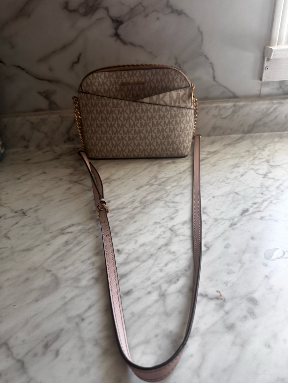 Michael Kors Beige Logo Crossbody with Blush Leather Strap